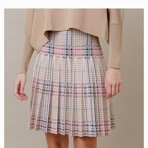 Apparalel Pleated Plaid Knit Skirt — Beige with Pink & Blue Accents